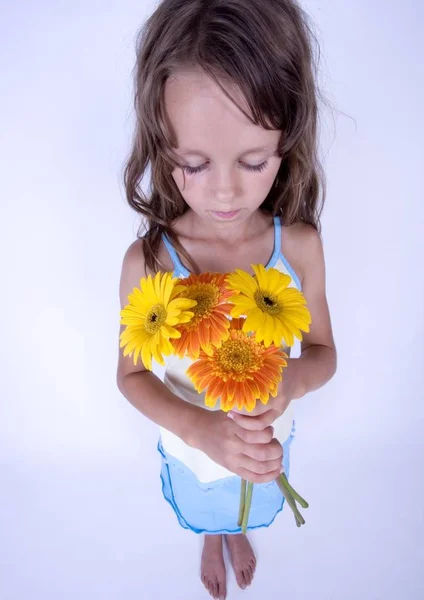 Une Petite Fille Tenant Dans Main Une Belle Fleur — Photo