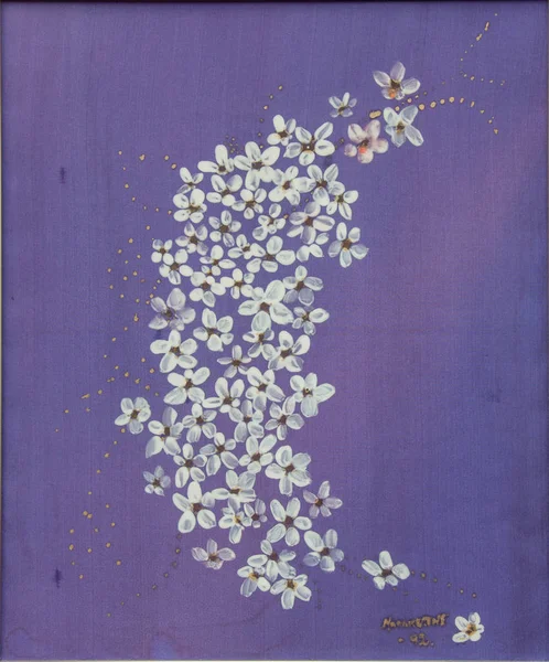 Seda Color Azul Pintada Con Motivo Floral Windflower Anémona Madera — Foto de Stock