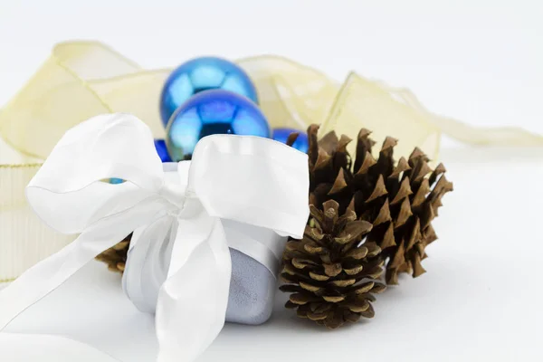 Gray Velvet Jewelry Box Wrapped White Gift Placed Pine Cones — Stock Photo, Image