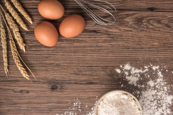 Cardboard Egg Box Flour Ears Wooden Table Top View Copy — Stock Photo, Image