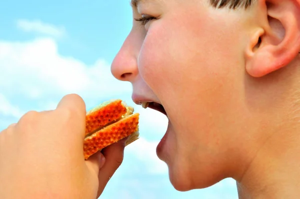 Jongen Bijt Sandwich Met Kaas Komkommer — Stockfoto