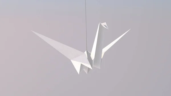 A tender-looking 3d illustration of a white paper crane flying high in the grey background. It reminds us about our happy childhood and looks lovely.