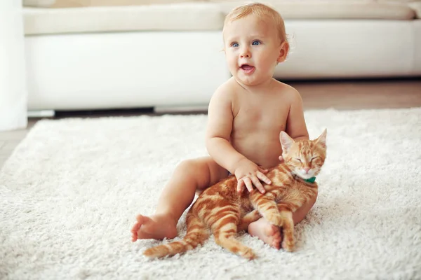 Kleinkind Spielt Mit Roter Katze Auf Weißem Teppich Hause — Stockfoto