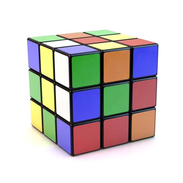 Знаменитый Кубик Рубика Смешанными Цветами Белом Фоне — стоковое фото