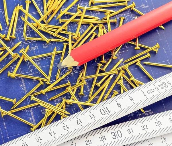 Een Set Van Tools Nagels Blauwe Print Van Nieuw Huis — Stockfoto