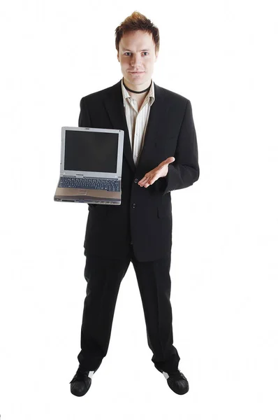 Verkäufer Bietet Kunden Laptop Computer — Stockfoto