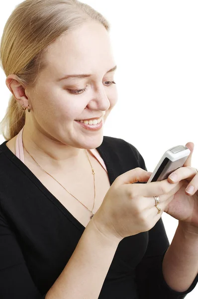 Mujer Enviando Mensaje Texto Fondo Blanco — Foto de Stock