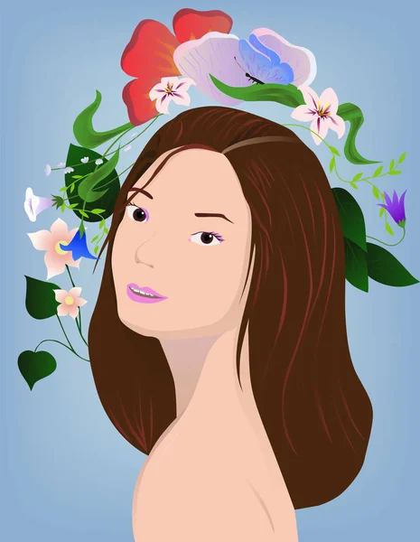 Vektor Illustration Von Brünette Mit Blumen Auf Blau — Stockfoto