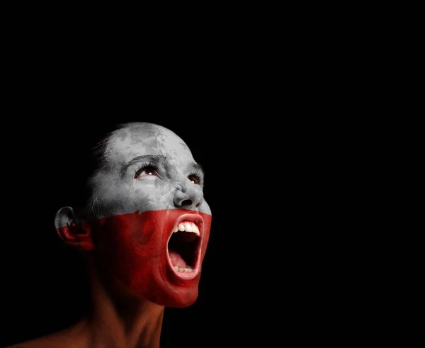 The Polish flag on the face of a screaming woman. concept