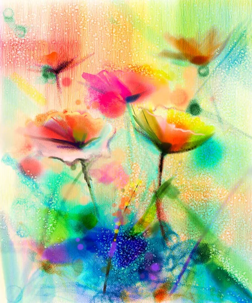 Abstract flower watercolor painting. Hand paint White, Yellow, Pink and Red color of daisy- gerbera flowers in soft color on light yellow and green blue color background.Spring flower seasonal nature