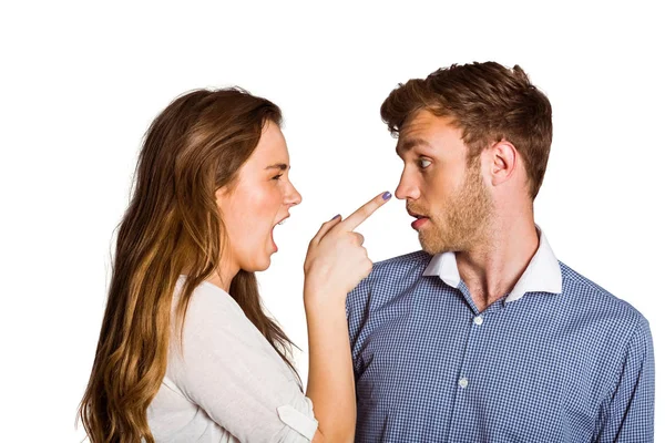 Casal Jovem Casal Uma Discussão Sobre Fundo Branco — Fotografia de Stock