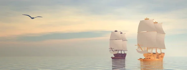 Zwei Schöne Alte Schiffe Mit Verschiedenen Holzfarben Die Auf Ruhigem — Stockfoto