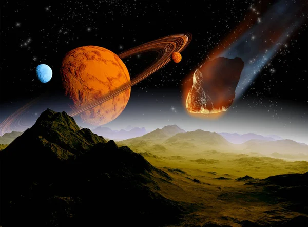 Attack Asteroiden Planeten Universum Abstrakta Illustrationen Meteor Inverkan — Stockfoto