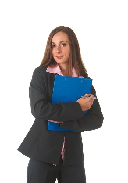Schöne Brünette Geschäftsfrau Business Anzug Hält Eine Akte Und Einen — Stockfoto