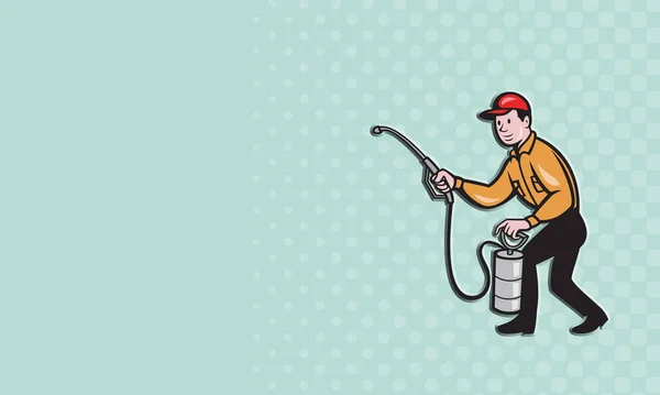 Business card illustration of a pest control exterminator worker spraying with  pest control spray equipment pump viewed from the side done in  cartoon style.
