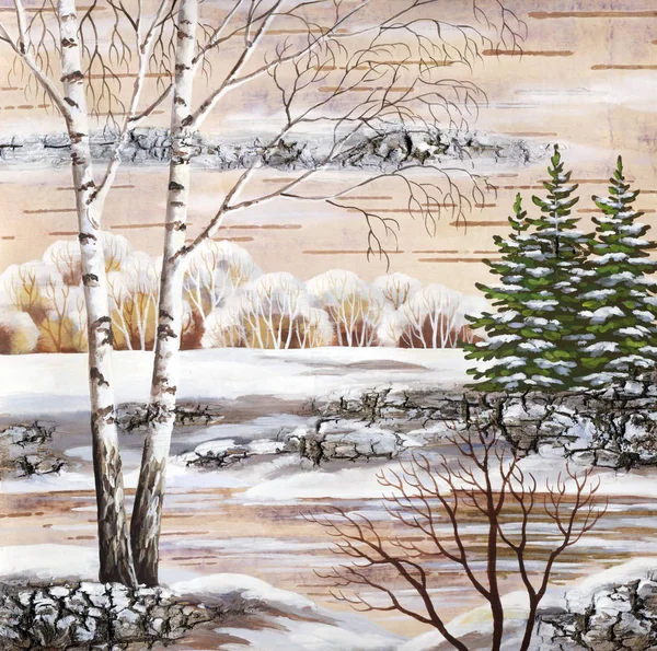 Obraz Zimowe Krajobrazy Ręcznie Robione Rysunek Tempera Brzozowej Korze — Zdjęcie stockowe