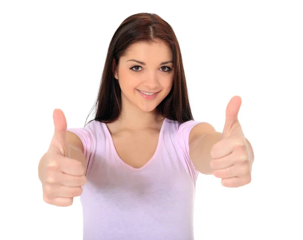 Attractive Teenage Girl Making Positive Gesture All White Background — Stock Photo, Image
