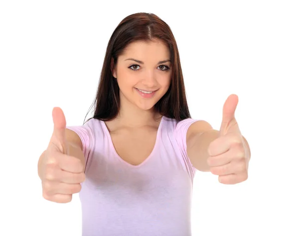 Menina Adolescente Atraente Fazendo Gesto Positivo Tudo Sobre Fundo Branco — Fotografia de Stock