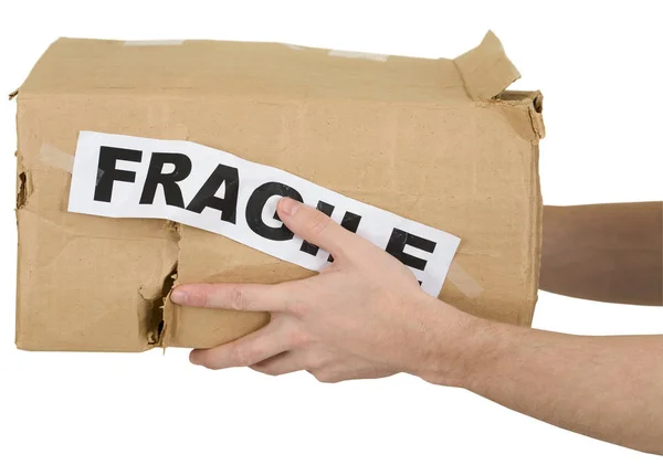 Crumpled Cardboard Box Inscription Fragile White Background — Stock Photo, Image