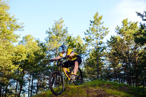 Radprofi Gelbem Shirt Und Helm Auf Dem Rad Bergab Wald — Stockfoto