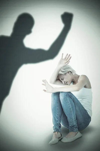 Scared Woman Protecting Herself Silhouette Cheering Sportsman — Stock Photo, Image