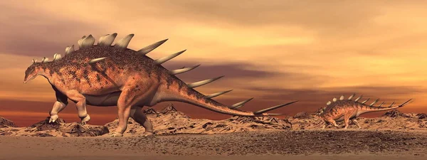 Kentrosaurus Dinosaurios Mamá Bebé Caminando Desierto Atardecer — Foto de Stock