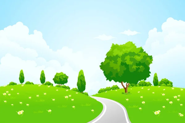 Paesaggio Verde Con Strada Alberata Collina Fiori Vostro Disegno — Foto Stock