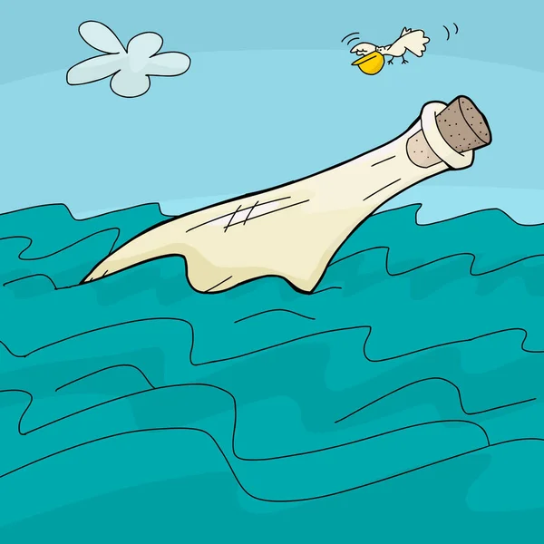 Garrafa Vidro Vazia Flutuando Oceano Com Pássaro — Fotografia de Stock