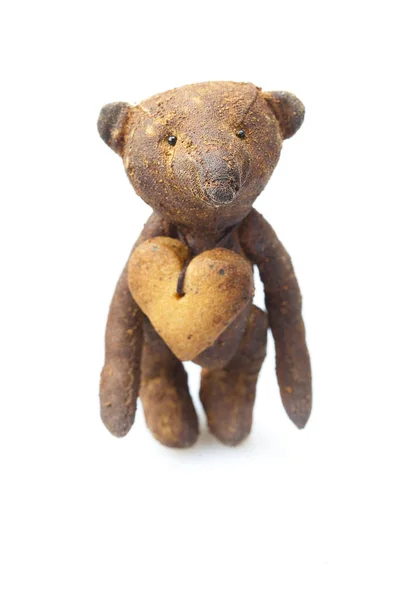 Teddy Bear Handgemaakte Cookie Vorm Van Hart Geïsoleerd Wit — Stockfoto