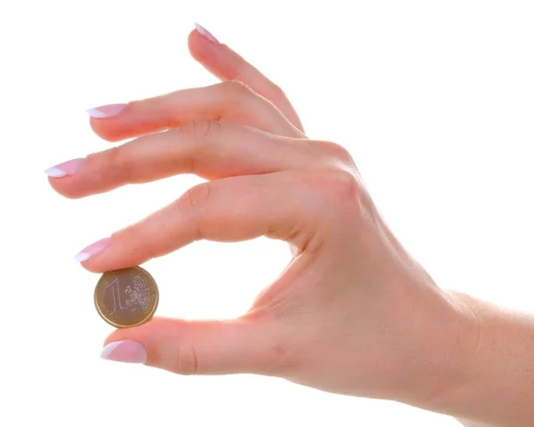 Mano Femenina Con Moneda Euro Aislada Sobre Fondo Blanco — Foto de Stock