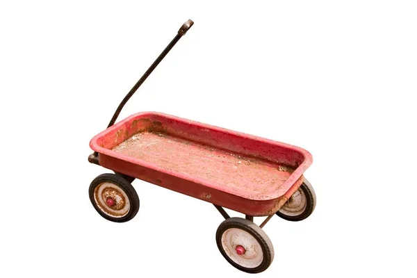 Bovenste Hoek Van Een Oude Geroeste Rode Wagon Geïsoleerd Wit — Stockfoto