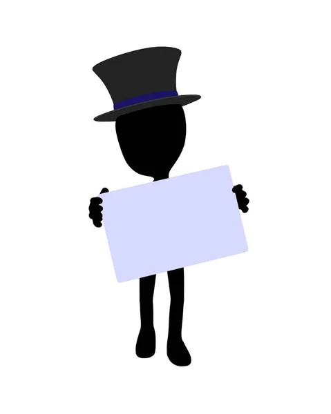 可爱的黑色剪影顶帽的家伙拿着一个空白的名片在白色背景 — 图库照片
