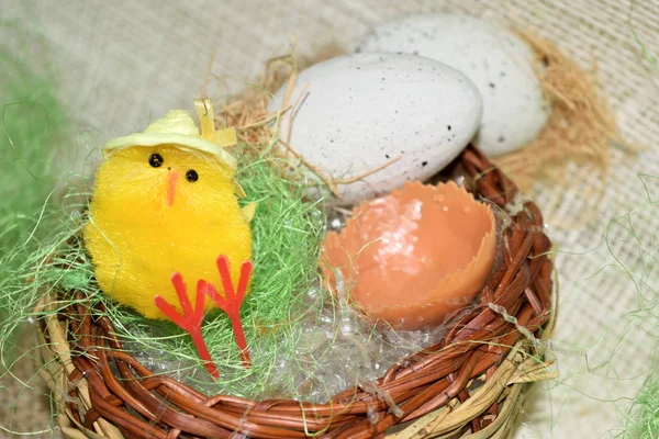 Huevo Decorado Con Pollo Dentro Una Cesta Mimbre —  Fotos de Stock