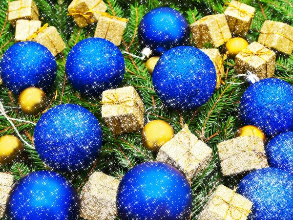 Nowy Rok Dekoracji Niebieskimi Złotymi Zabawkami Green Fir — Zdjęcie stockowe