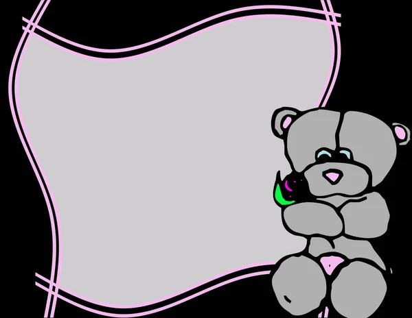 Grauer Teddybär Mit Rosa Rahmen Schwarzem Hintergrund — Stockfoto