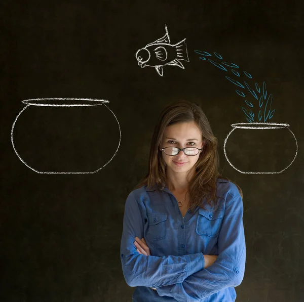 Business woman, student or teacher with fish jumping from small bowl to big bowl on blackboard background