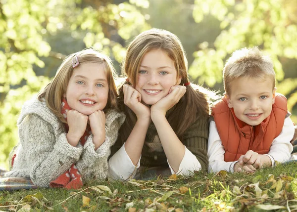 人の子供のくつろげる秋の風景の中に屋外のグループ — ストック写真