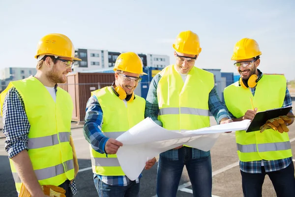 Negocio Construcción Trabajo Equipo Concepto Personas Grupo Constructores Sonrientes Sombreros — Foto de Stock