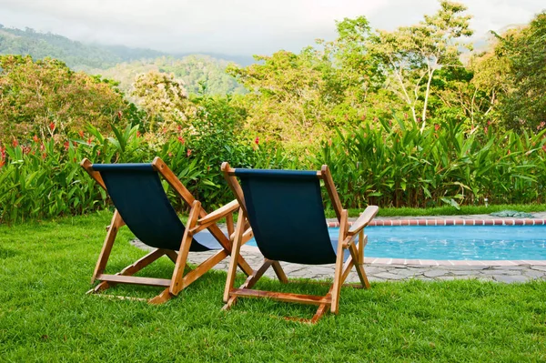 Blue Canvas Pool Chairs Overlooking Beautiful Tropical Landscape Costa Rica — Stock Photo, Image