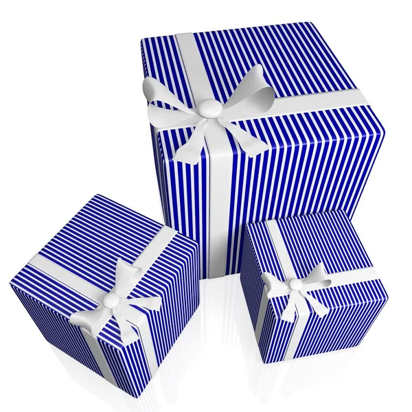 Tres Regalos Papel Regalo Rayas Azules Cinta Blanca Lazo —  Fotos de Stock