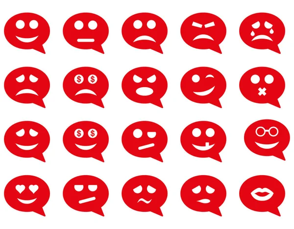 Chat emotion smile icons. Glyph set style is flat images, red symbols, isolated on a white background.