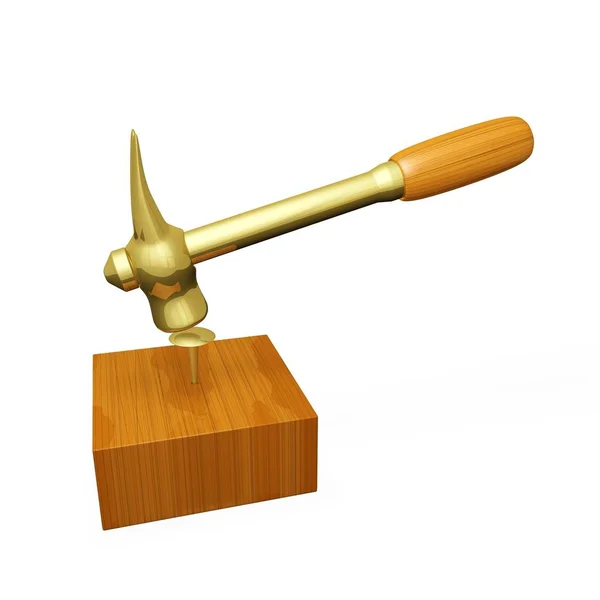 金锤锤击金钉子成一块木头 渲染在3D 可用于建筑 实现和建筑概念 — 图库照片