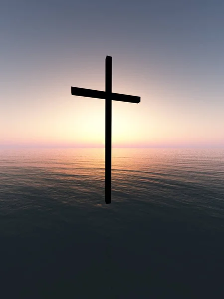 Una Cruz Religiosa Flotando Imposiblemente Sobre Mar Amanecer —  Fotos de Stock