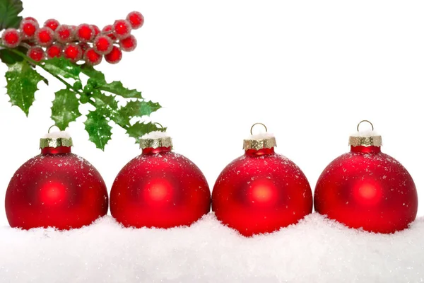 Close Decorative Christmas Ornaments Snow Holly — Stock Photo, Image