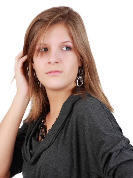 Retrato Una Joven Mujer Caucásica Fondo Blanco — Foto de Stock