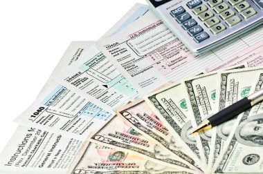 Tax forms 1040 with pen, calculator and money. clipart