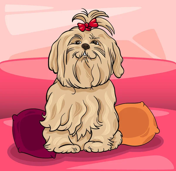 Ilustracja Kreskówka Maltański Pies Kokardą Kanapie Poduszki — Zdjęcie stockowe