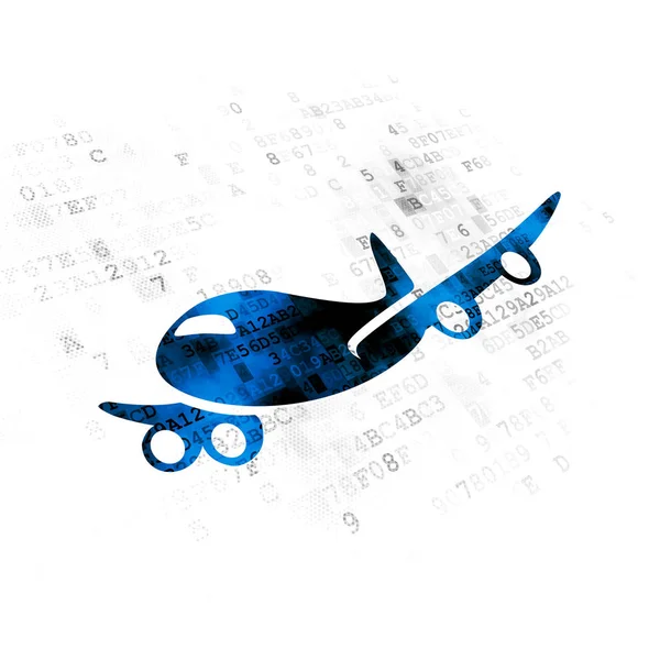 Travel Concept Gepixeleerd Blauw Vliegtuig Icoon Digitale Achtergrond — Stockfoto