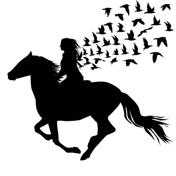 Abstract Illustration Woman Riding Horse Birds Silhouettes Flying — Stock Photo, Image