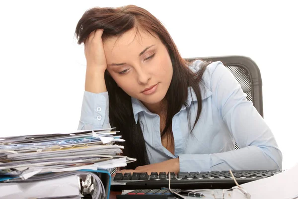 Mujer Agotada Llenando Formularios Impuestos Mientras Está Sentada Escritorio Aislado —  Fotos de Stock